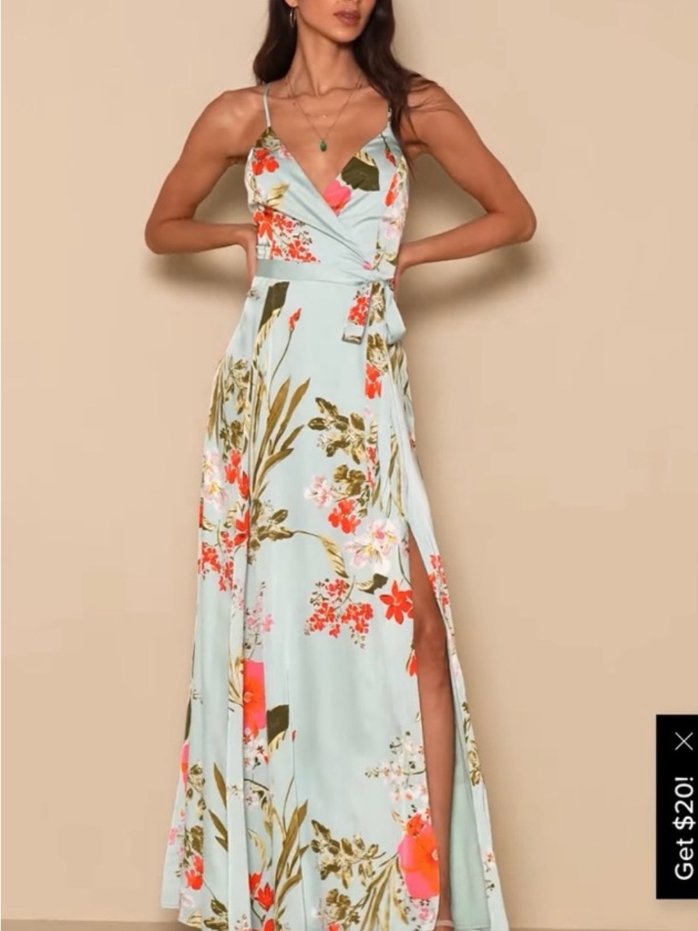 Lulu's Mint Floral Wrap Maxi Dress with Coral Accents.